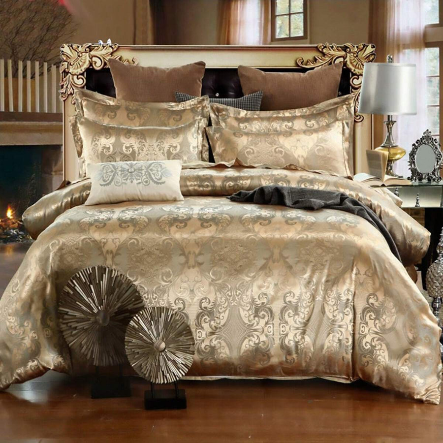 3PCS Luxury Jacquard Bedding Set European Design Queen King Size Duvet Cover Golden Strip Soft And Comfortable Duvet Cover And Pillowcase Set, Great For Bedroom Or Guestroom Gold Bedding (1*Duvet Cover + 1/2*Pillowcase, Without Core)