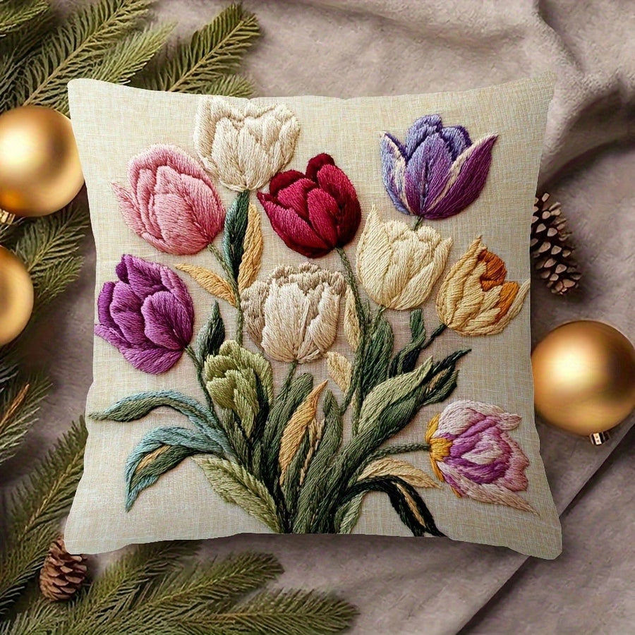 1pc Vintage Tulip Floral Decorative Throw Pillow Case, 2D Embroidery-Like Print Cushion Cover, 18x18 Inch, Machine Washable Soft Polyester, For Living Room Sofa Home Decor, Porch Swing Cushion, Pillow Insert Not Included