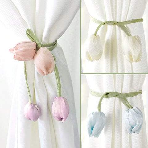 2pcs Creative Elegant Minimalist Floral Curtain Tie Backs, Tulip Flower Design Curtain Tiebacks, Curtain Ropes, Decorations, New Style Living Room Curtain Voile Ribbons, Woven Curtain Ties, Curtain Decorative Bands